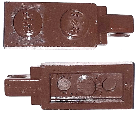 Hinge Plate 1 x 2 Locking with 1 Finger On End, with Groove in Reddish Brown