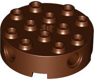Brick Round 4 x 4 with 4 Side Pin Holes and Center Axle Hole in Reddish Brown