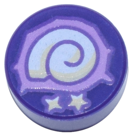 Tile Round 1 x 1 with White Shell, Stars print in Dark Purple
