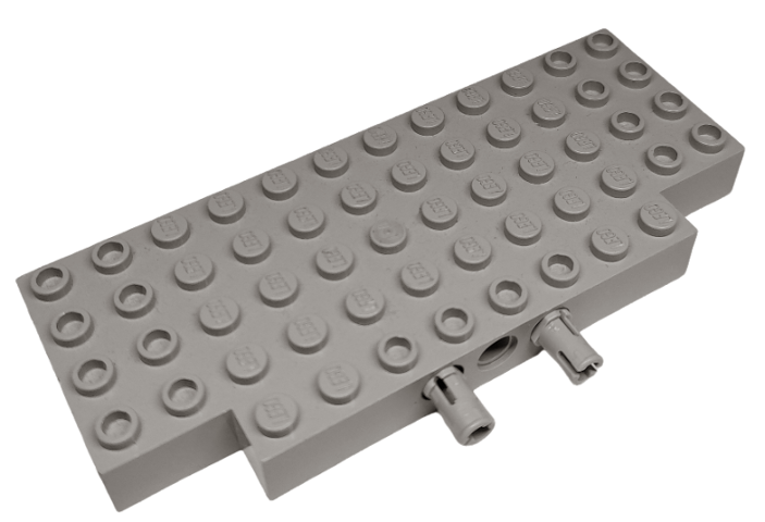 Brick Special 5 x 12 with Two 1 x 2 Cutouts, 1 Hole and 2 Fixed Rotatable Friction Pins on Side in Light Gray