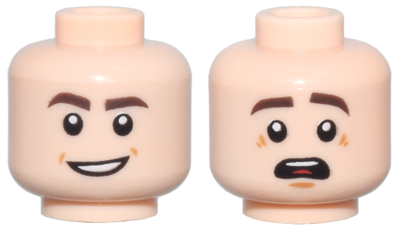 Minifig Head, Dark Brown Eyebrows, Open Mouth Smile / Raised Eyebrows, Open Mouth Print in Light Nougat