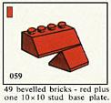 LEGO 059 49 bevelled (beveled) bricks red plus one 10 x 10 stud base plate