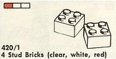 LEGO 420.1 4 Stud Bricks (clear, white, red)